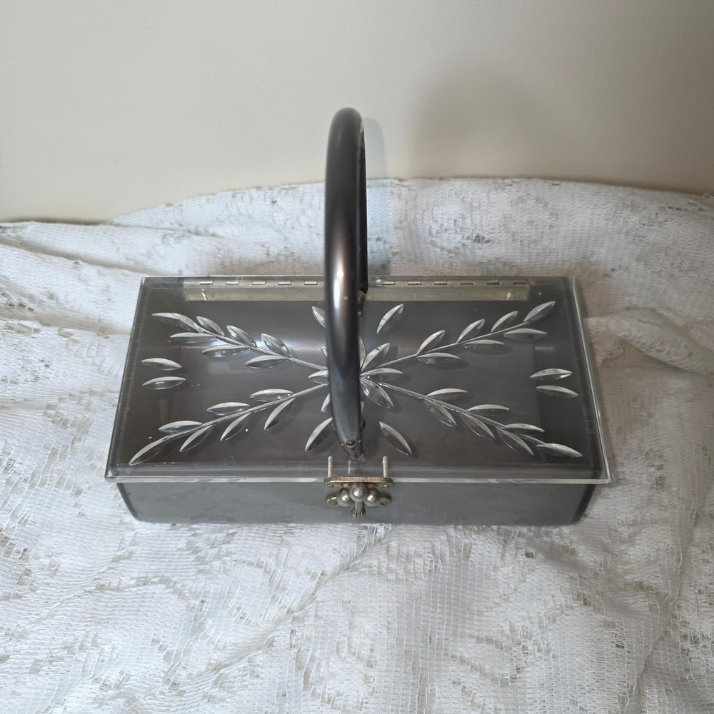 Vintage 50s Lucite Box Purse Smoky Grey Carved Floral Clear Lid Florida Handbags
